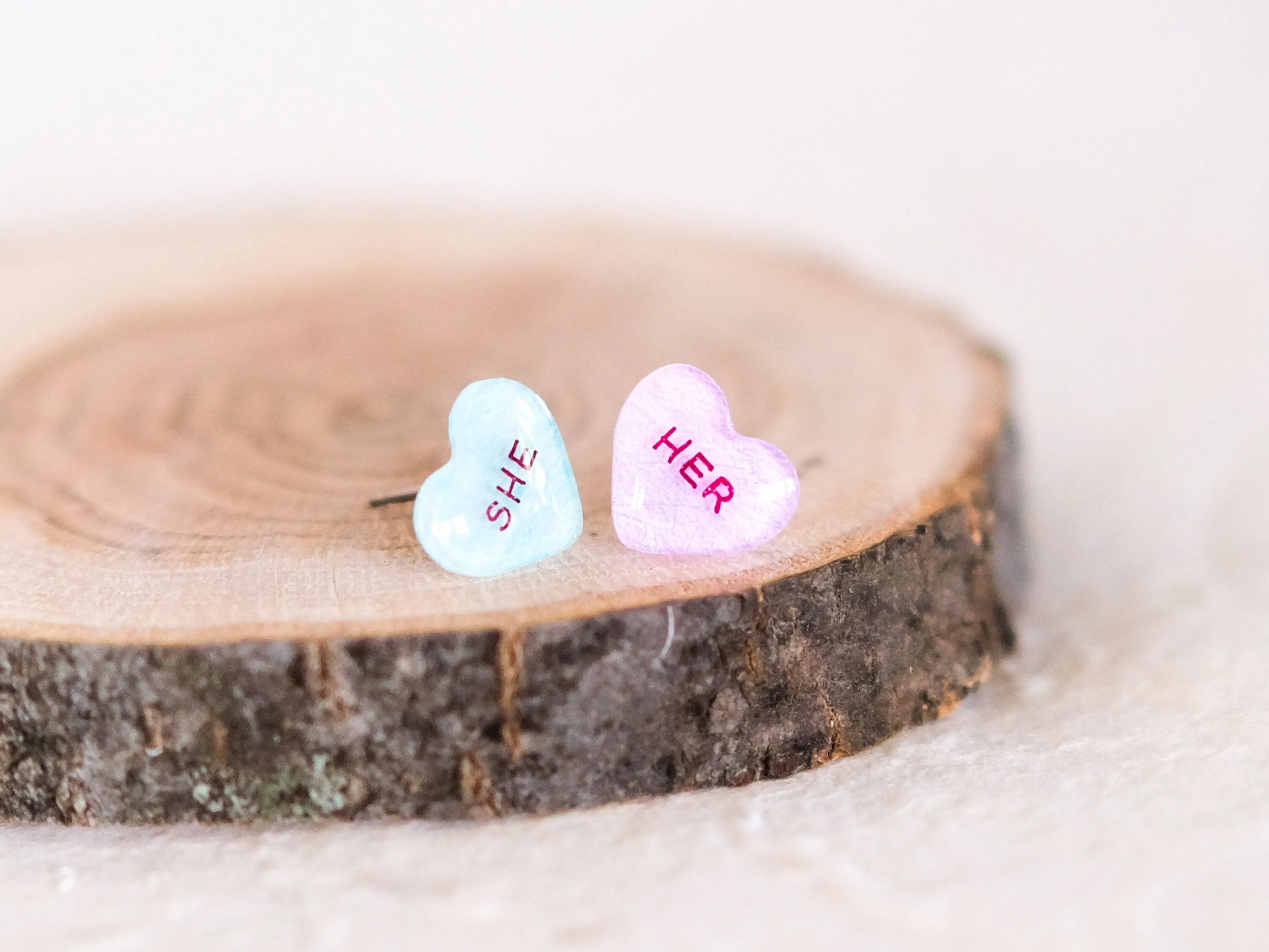 She/Her Pronoun Conversation Heart Earrings