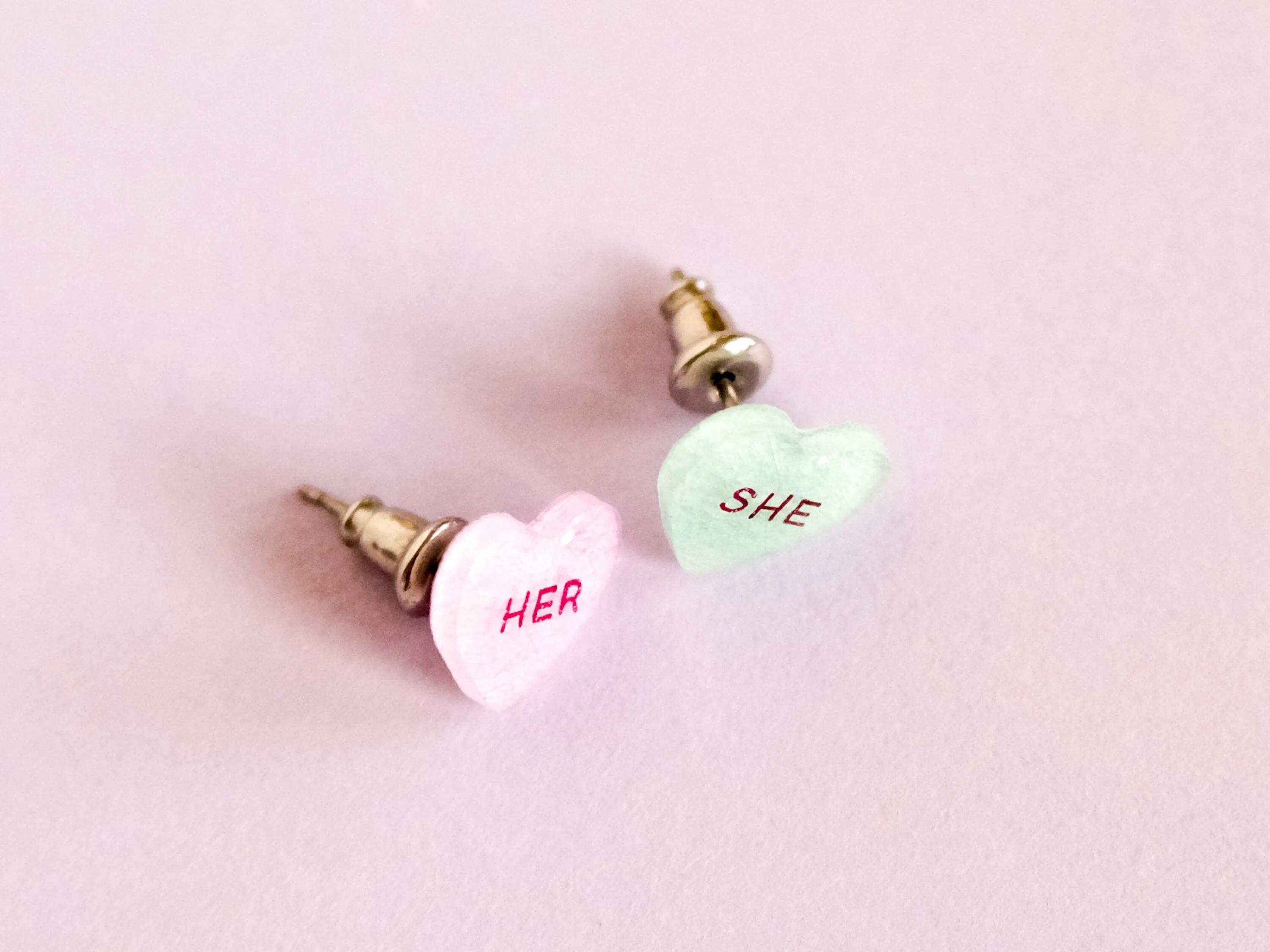 She/Her Pronoun Conversation Heart Earrings