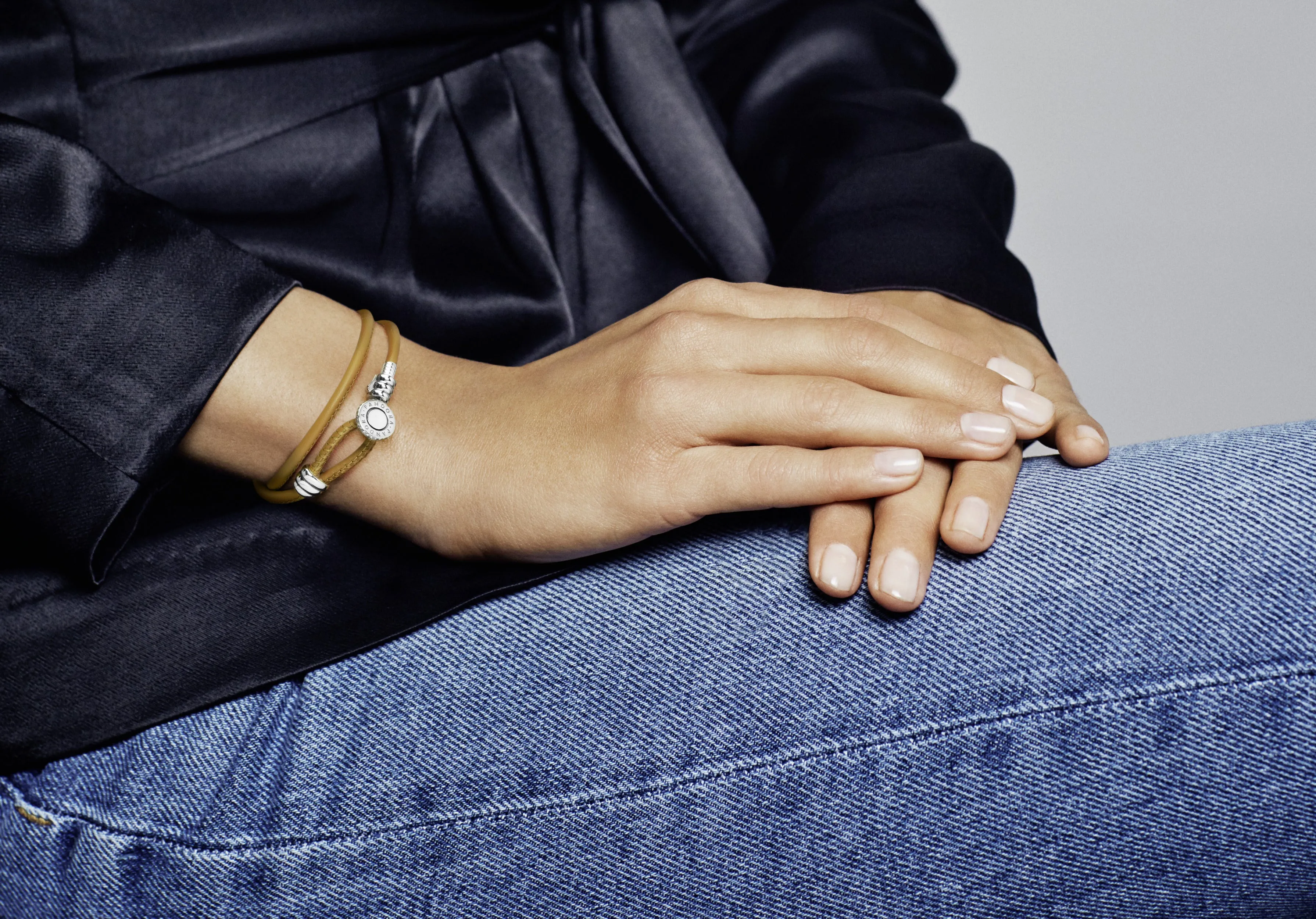 Silver leather bracelet, double, golden tan and clear cubic zirconia
