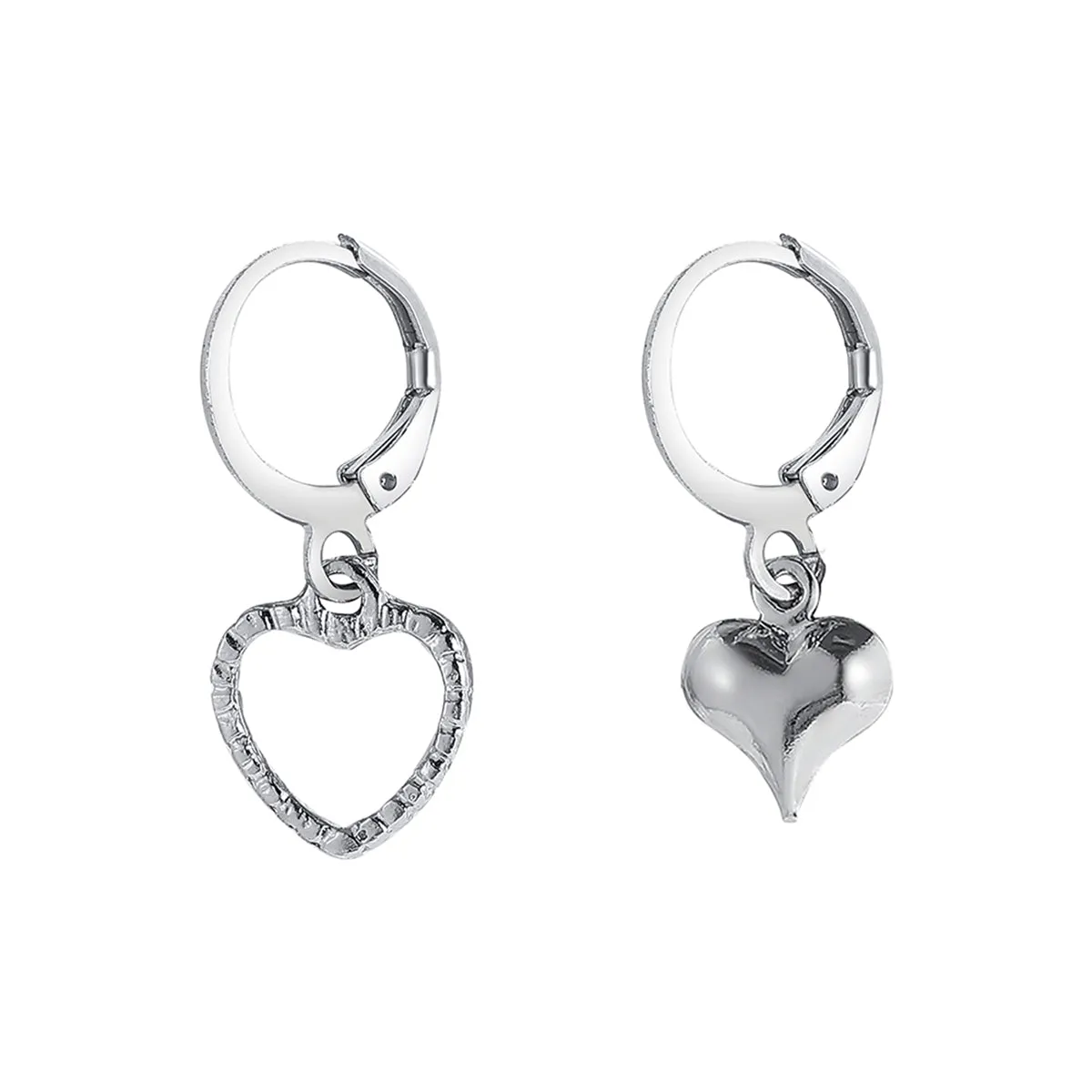 Silver-Plated Mismatching Heart Huggie Earrings