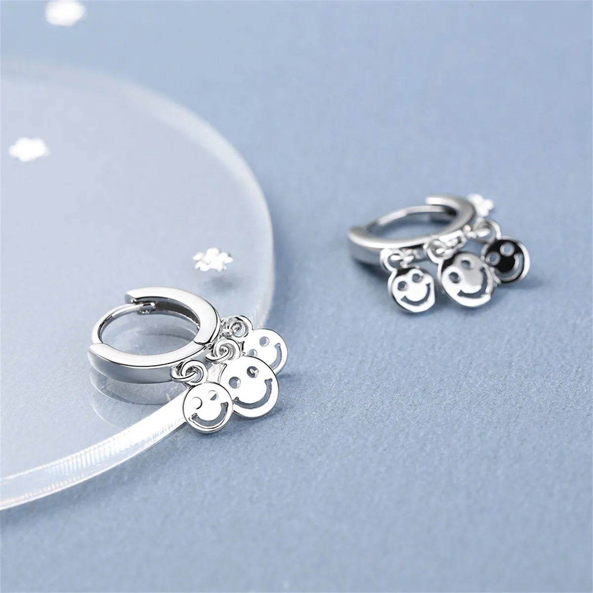 Silver-Plated Smiley Tassel Huggie Earrings