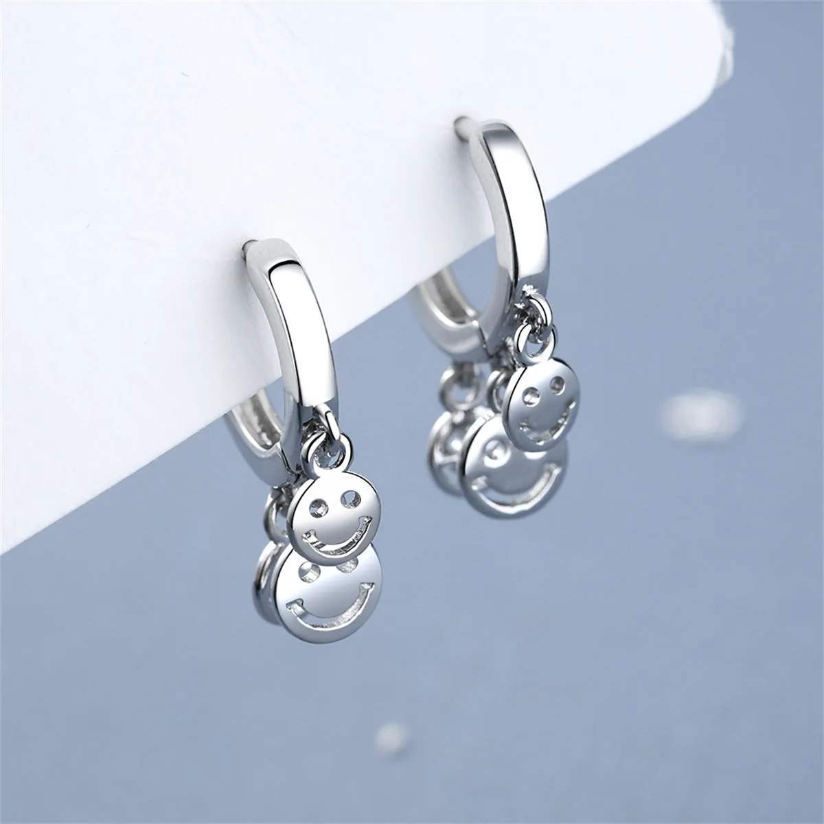 Silver-Plated Smiley Tassel Huggie Earrings