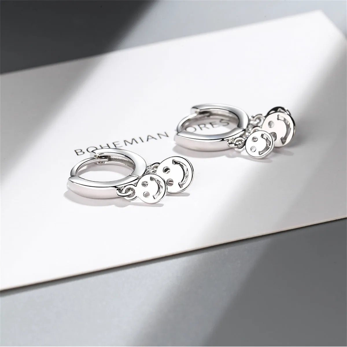 Silver-Plated Smiley Tassel Huggie Earrings