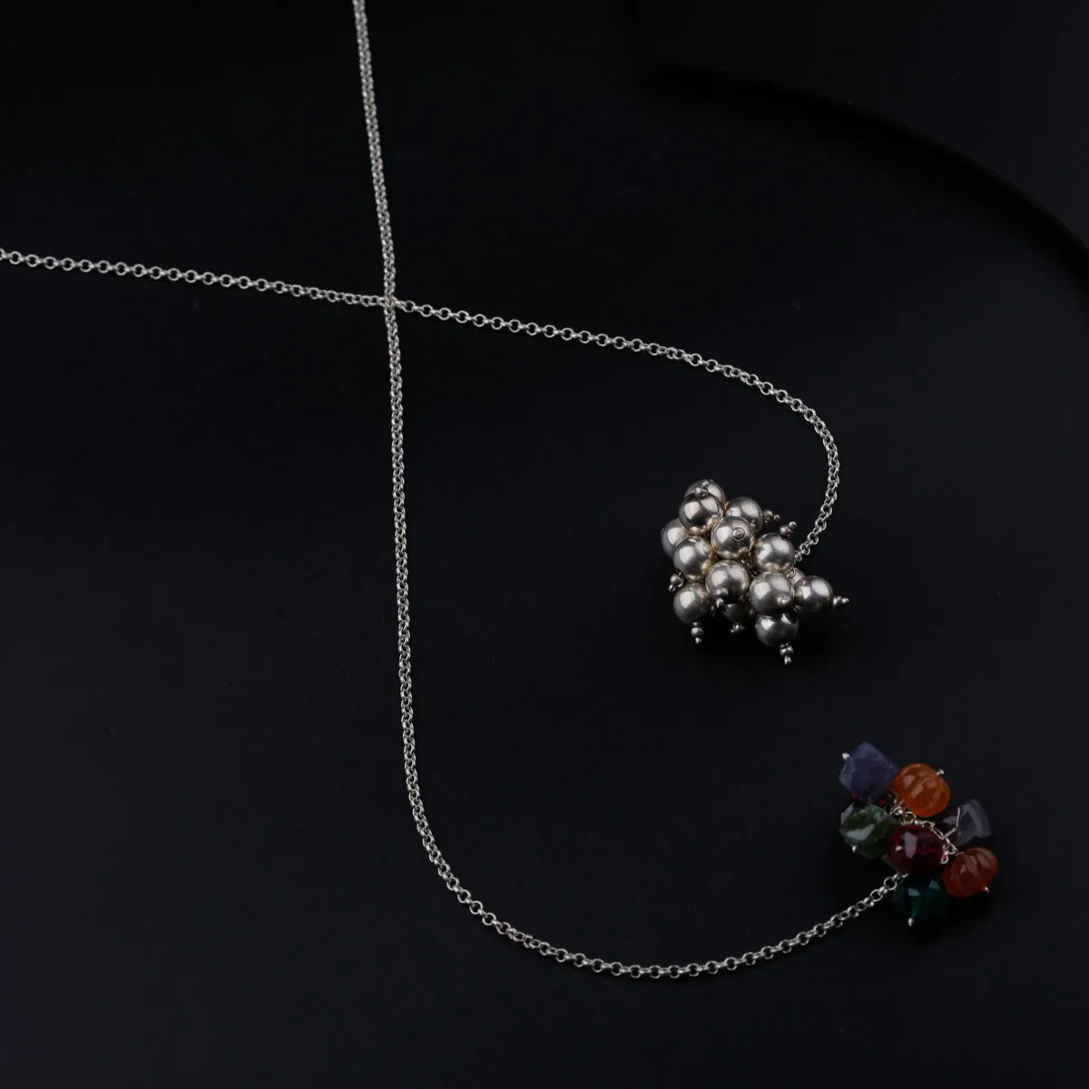 Silver Tie & Wear Necklace with Multicolor Semi-Precious Stones and Silver Beads