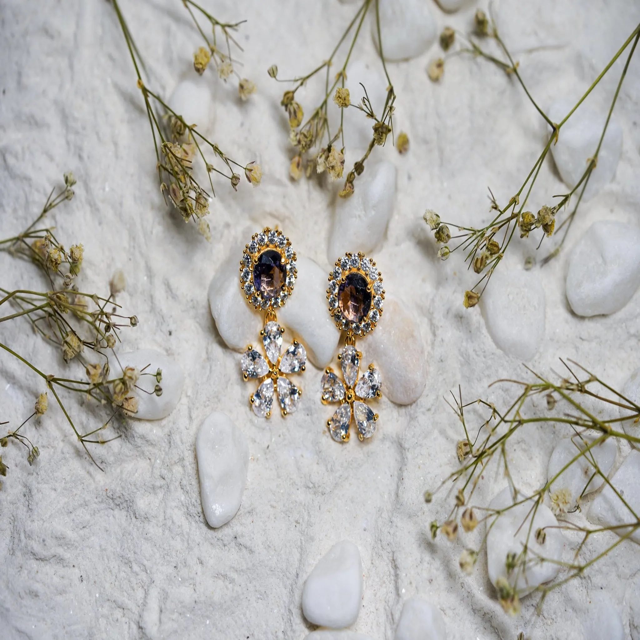 Silver Yellow Gold Amethyst Floral Dangle Earring For Women