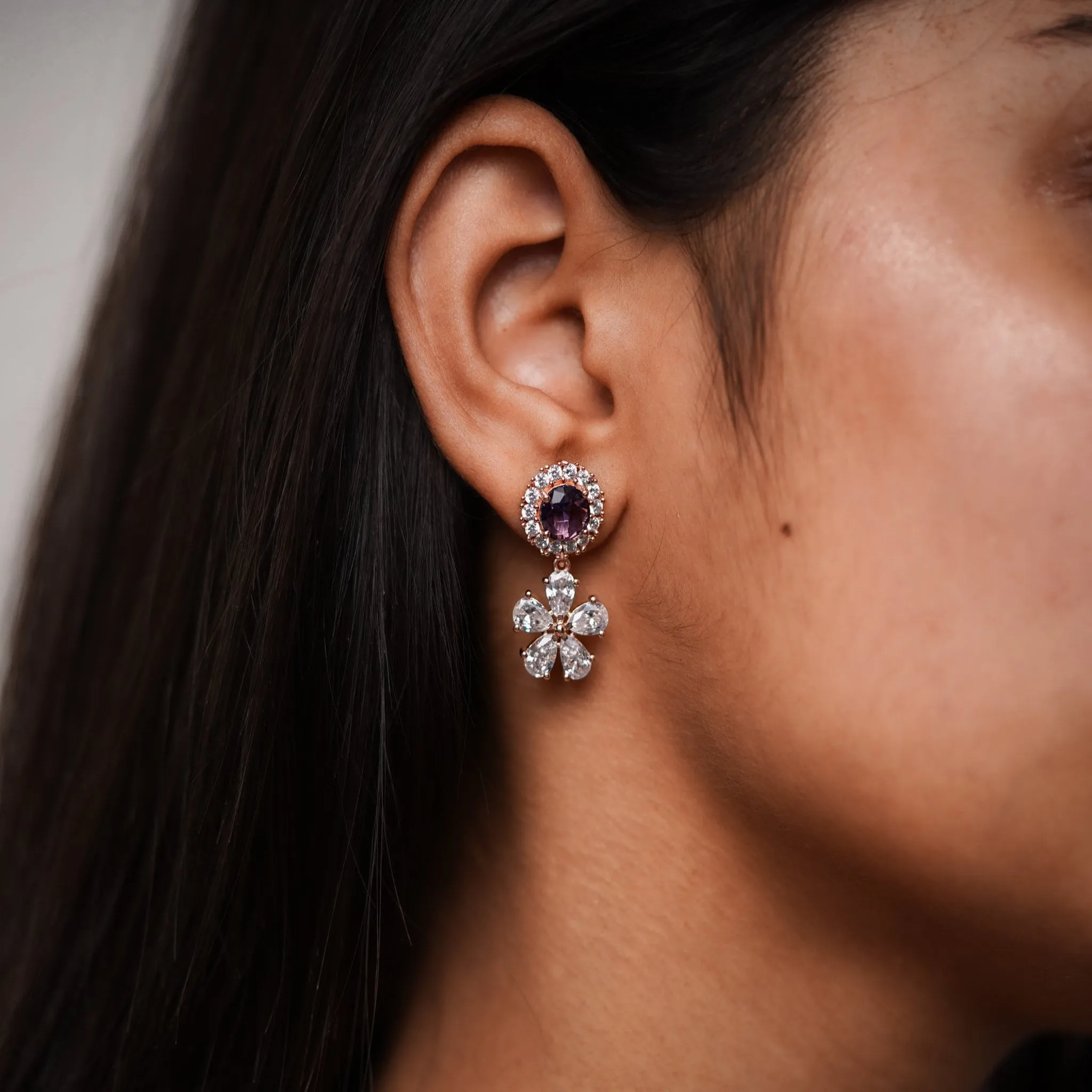 Silver Yellow Gold Amethyst Floral Dangle Earring For Women