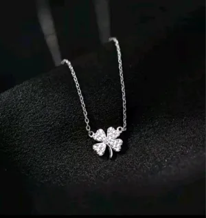 Silvery Four Leaf Clover Lucky Shamrock Pendant Necklace Retro Neck Jewelry