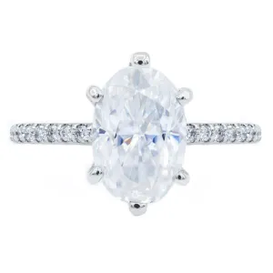 Skinny Oval Crushed Ice Moissanite 6 Prongs Diamond Accent Ice Solitaire Ring