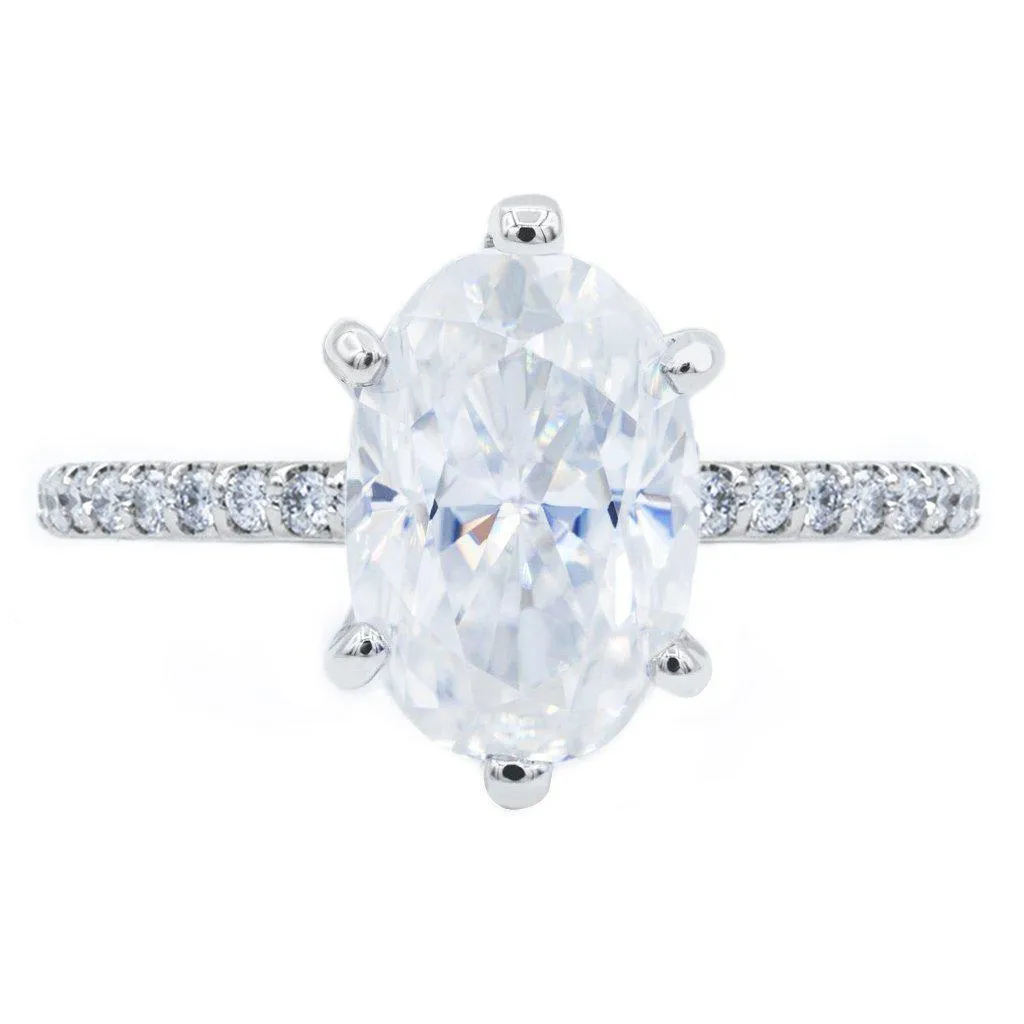 Skinny Oval Crushed Ice Moissanite 6 Prongs Diamond Accent Ice Solitaire Ring