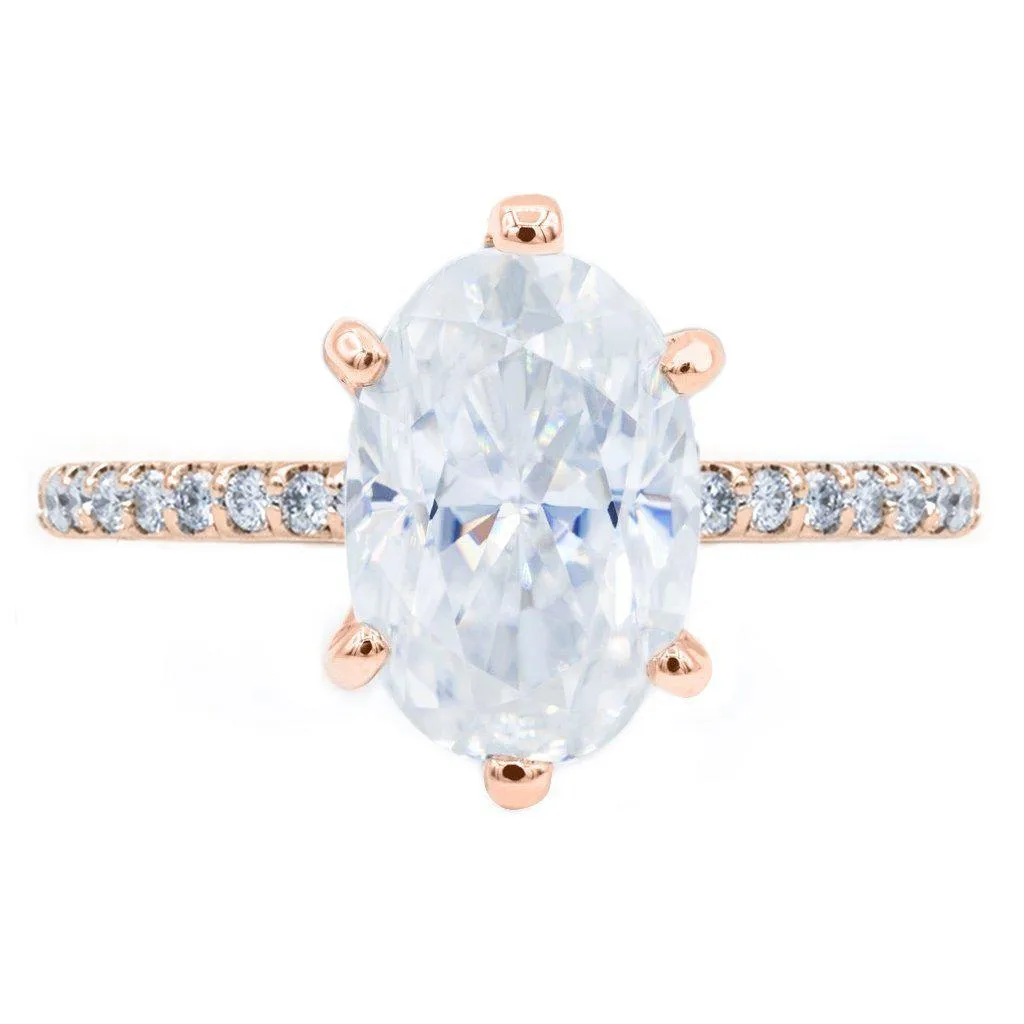 Skinny Oval Crushed Ice Moissanite 6 Prongs Diamond Accent Ice Solitaire Ring