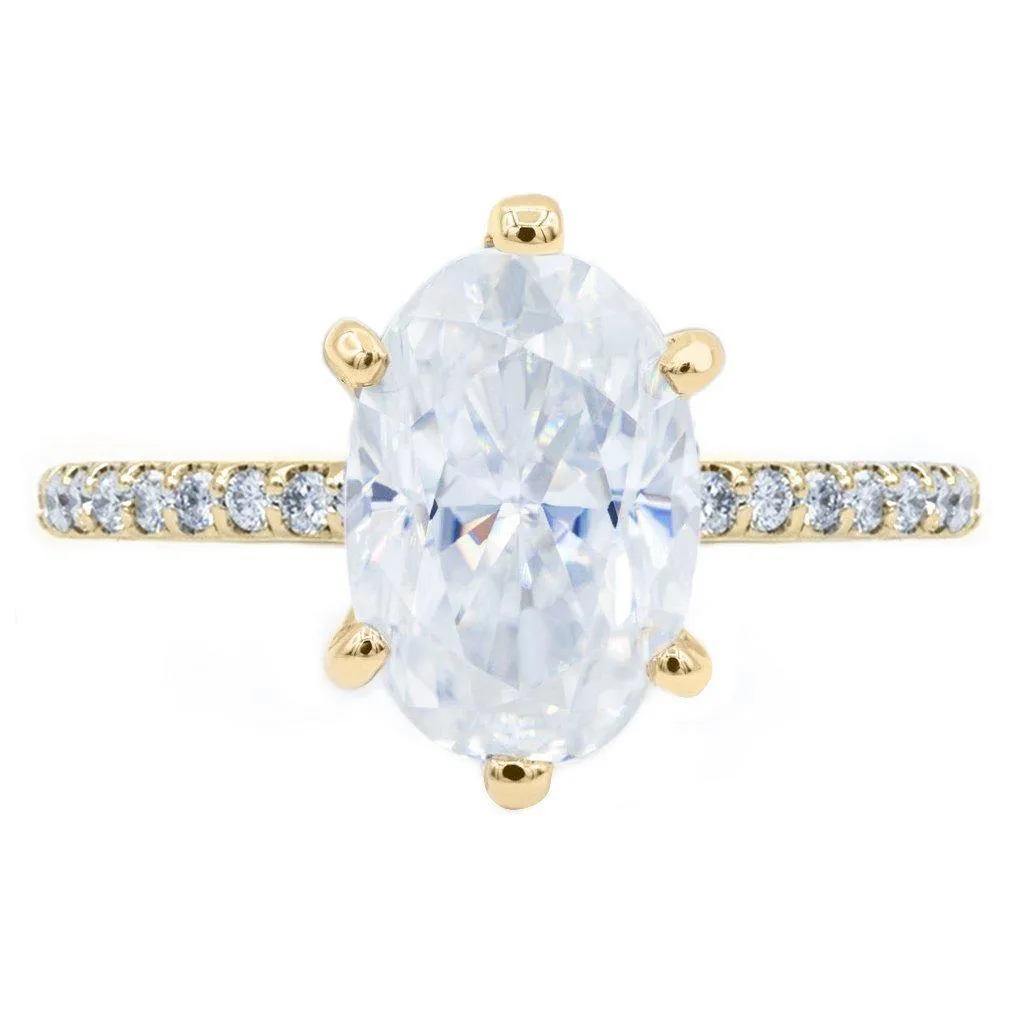 Skinny Oval Crushed Ice Moissanite 6 Prongs Diamond Accent Ice Solitaire Ring