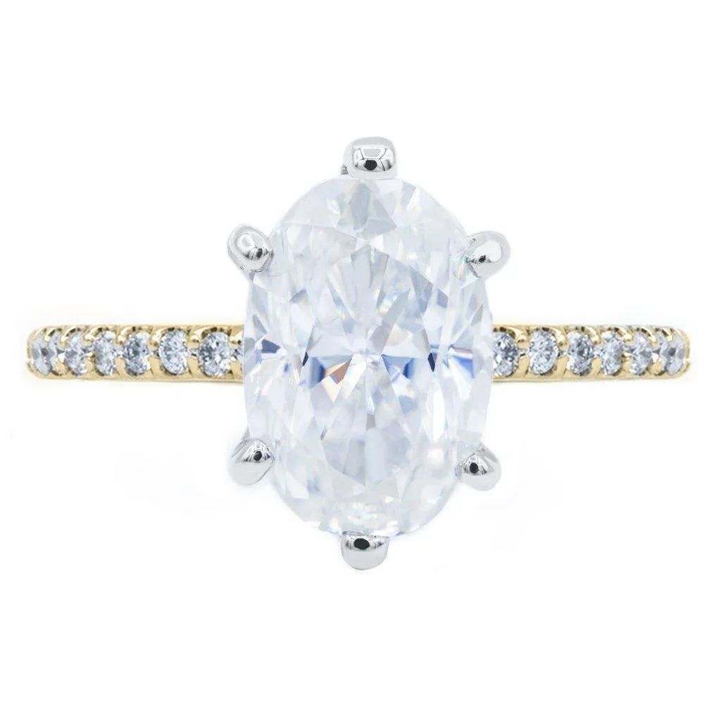 Skinny Oval Crushed Ice Moissanite 6 Prongs Diamond Accent Ice Solitaire Ring