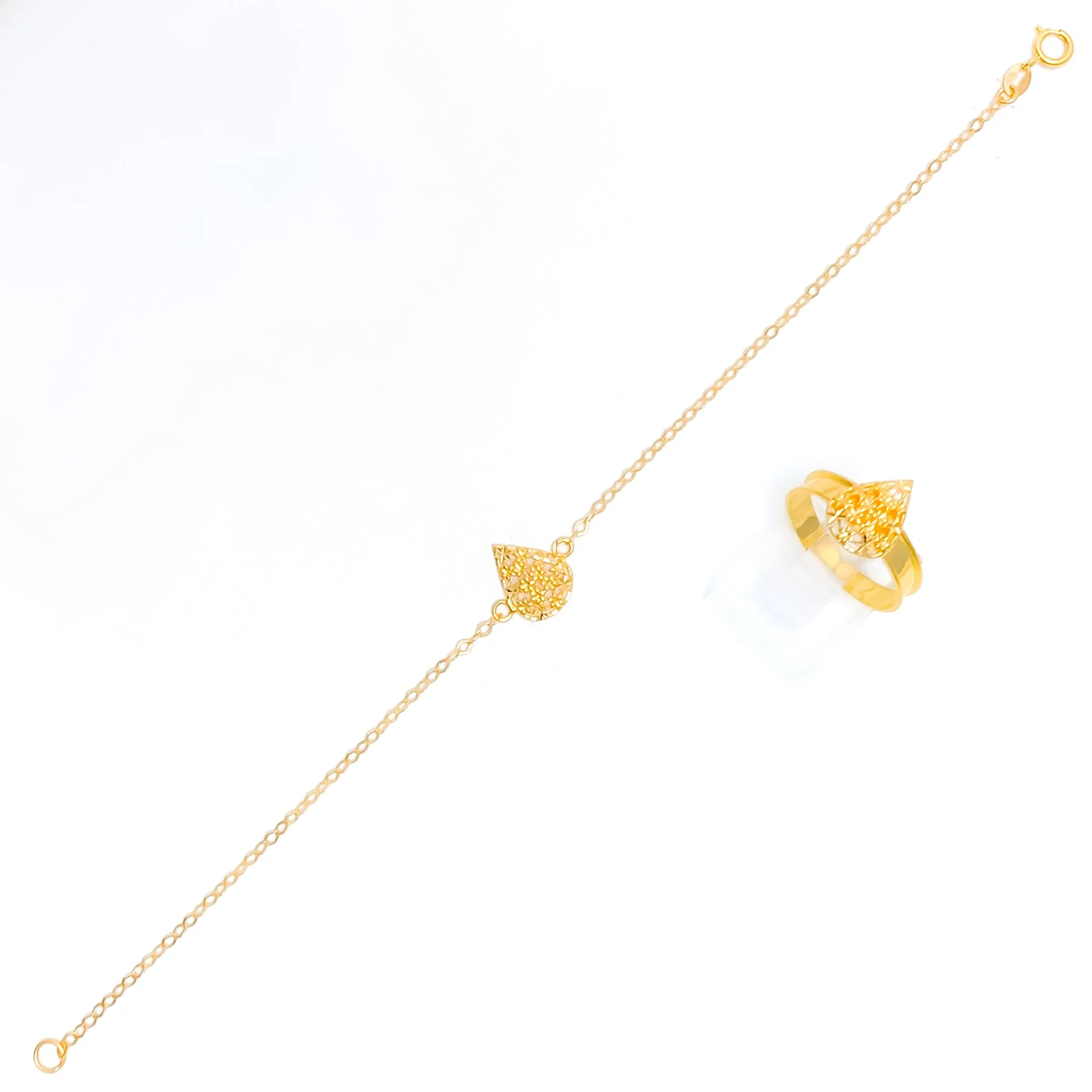 Sleek Sophisticated Pear Drop 21k Gold Bracelet W / Matching Ring
