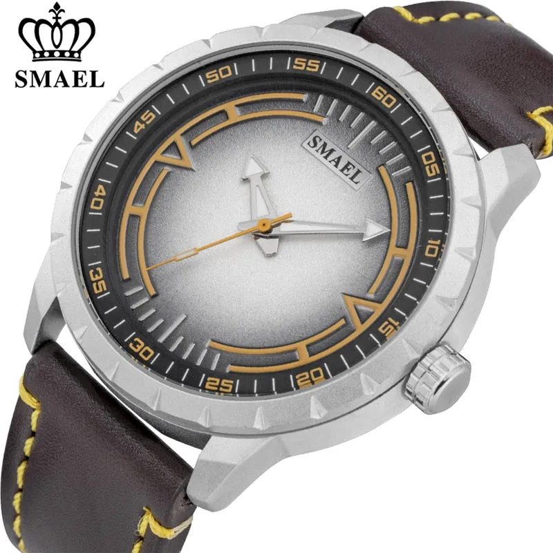 SMAEL Mens Watches Waterproof Sport Quartz Wristwatch Military Stylish Casual Leather Watch Men Analog Clock Relogio Masculino