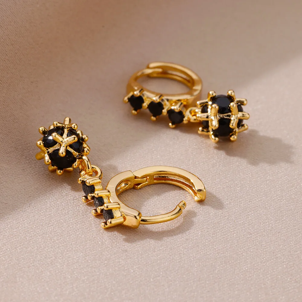 Spherical Black Zircon Stainless Steel Dangle Earrings