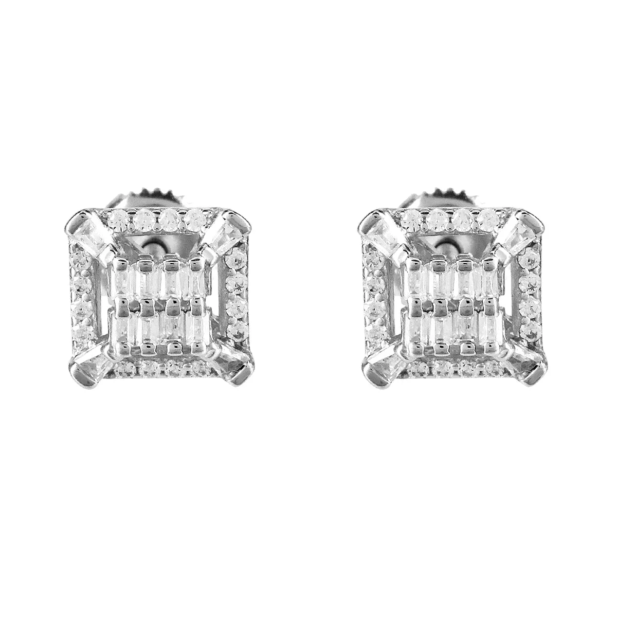 Square Designer Baguette Sterling Silver Unisex Screw Back Earrings
