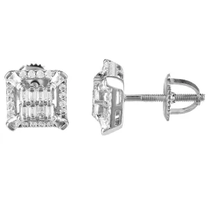 Square Designer Baguette Sterling Silver Unisex Screw Back Earrings