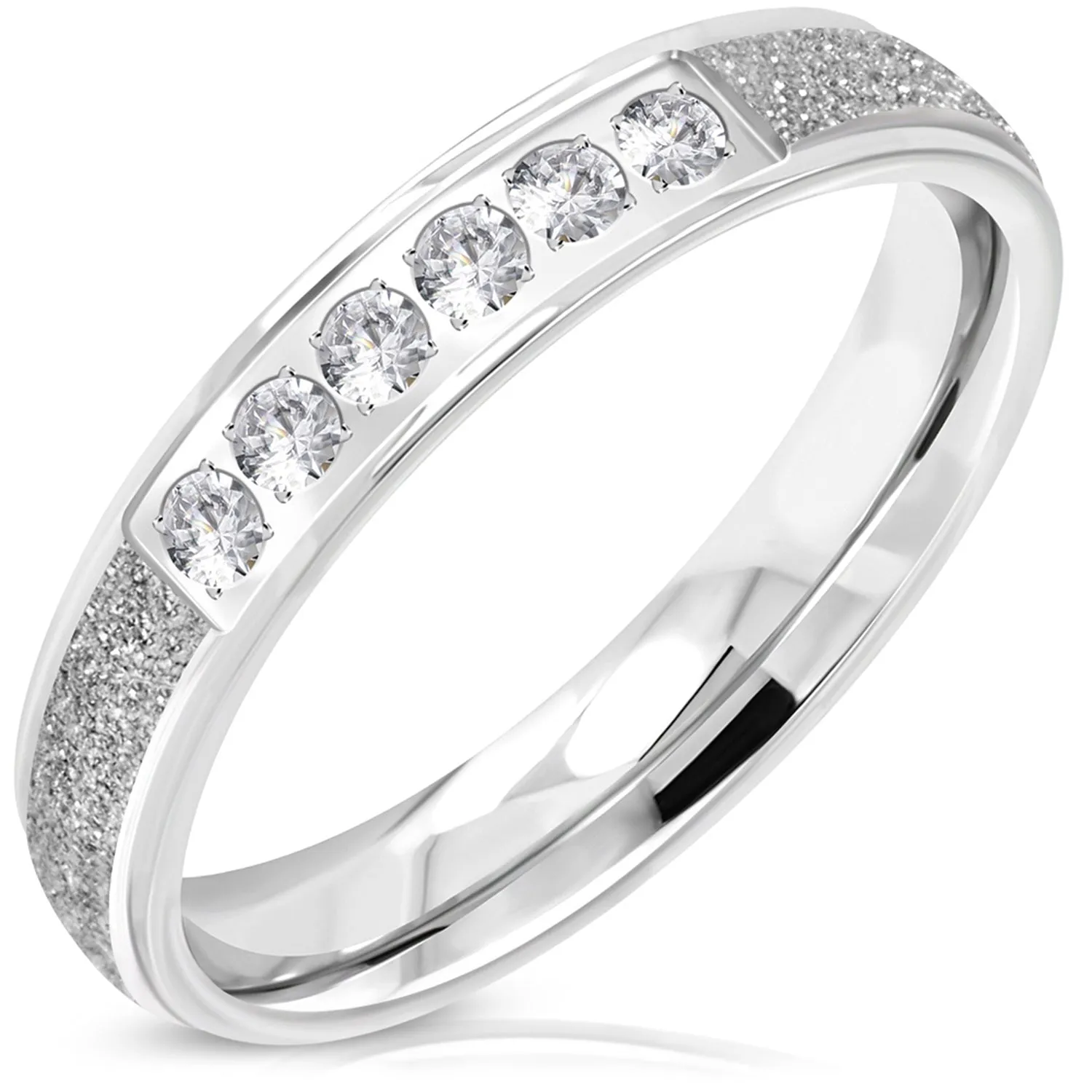 Stainless Steel Contemporary Sandblasted Cubic Zirconia Wedding Band Ring