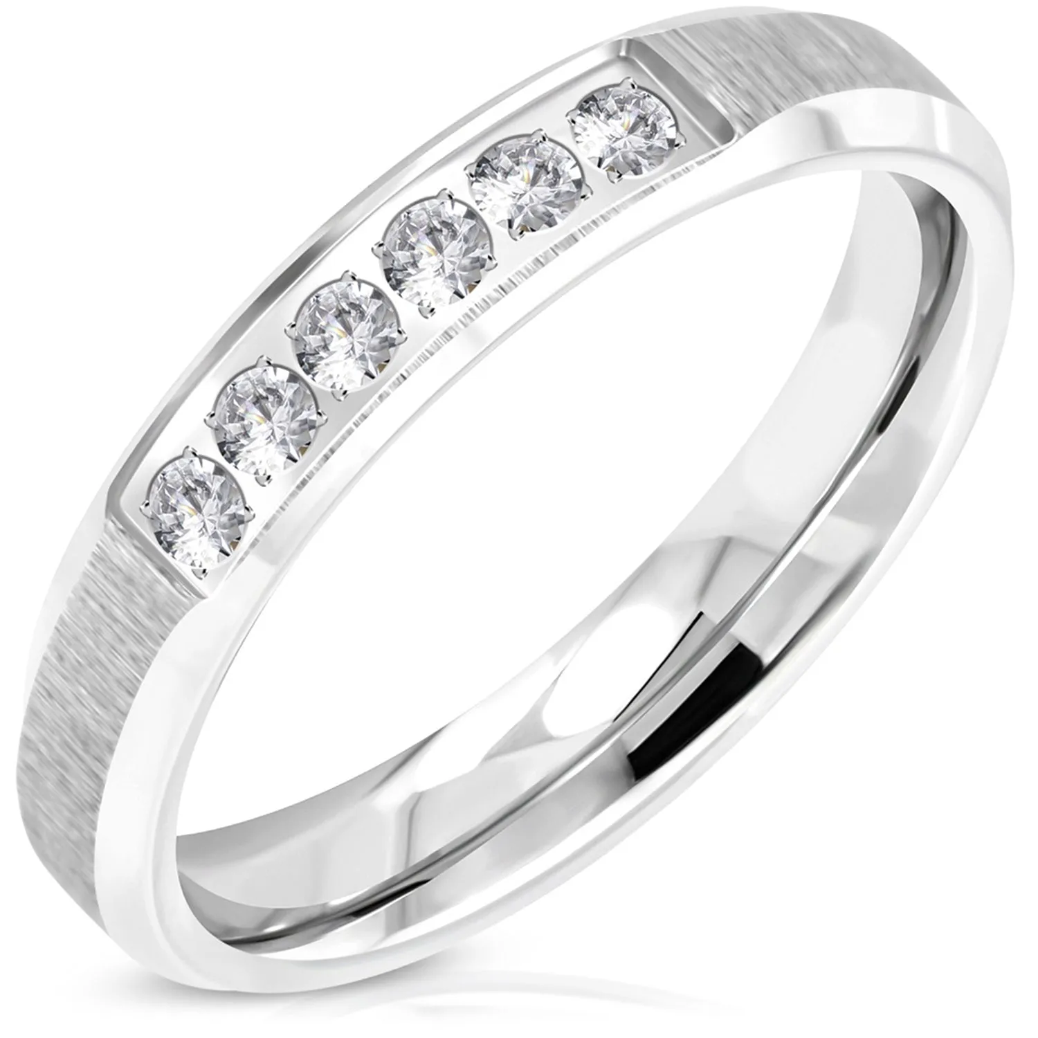Stainless Steel Contemporary Satin Finish Cubic Zirconia Wedding Band Ring
