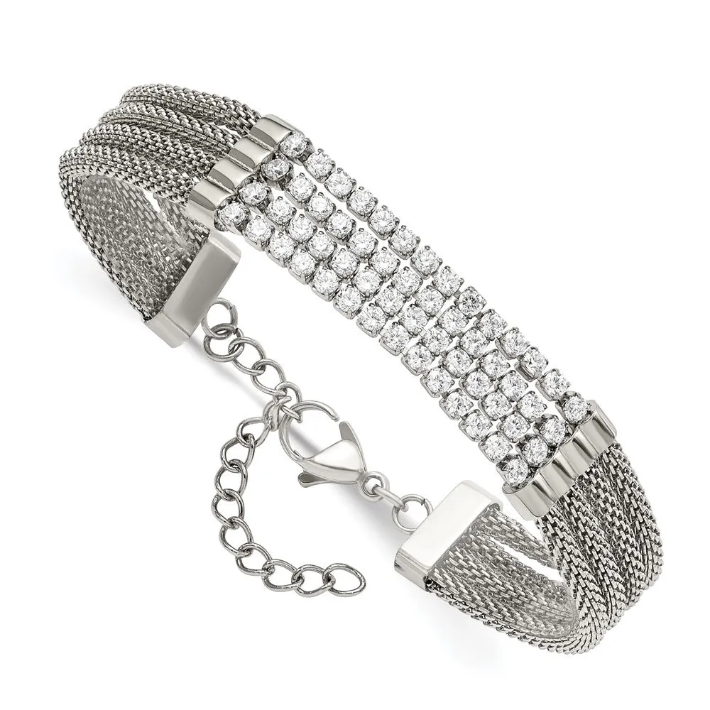Stainless Steel Polished w/CZ Multi Strand 6.5in w/1.5in ext. Bracelet