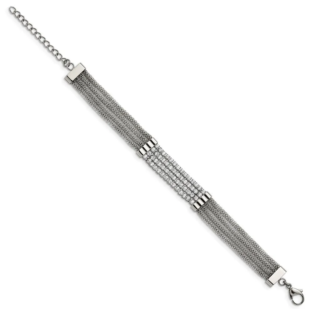 Stainless Steel Polished w/CZ Multi Strand 6.5in w/1.5in ext. Bracelet