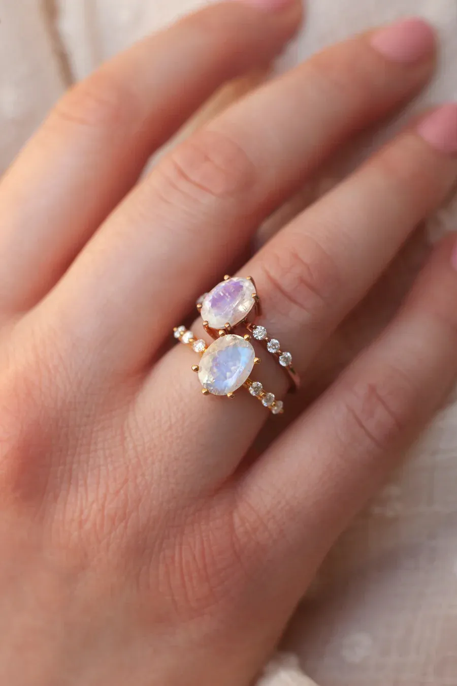 Stella Oval Solitaire Moonstone Ring with Moissanite