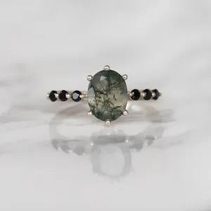 Stella Oval Solitaire Moss Agate Ring with Black Spinel