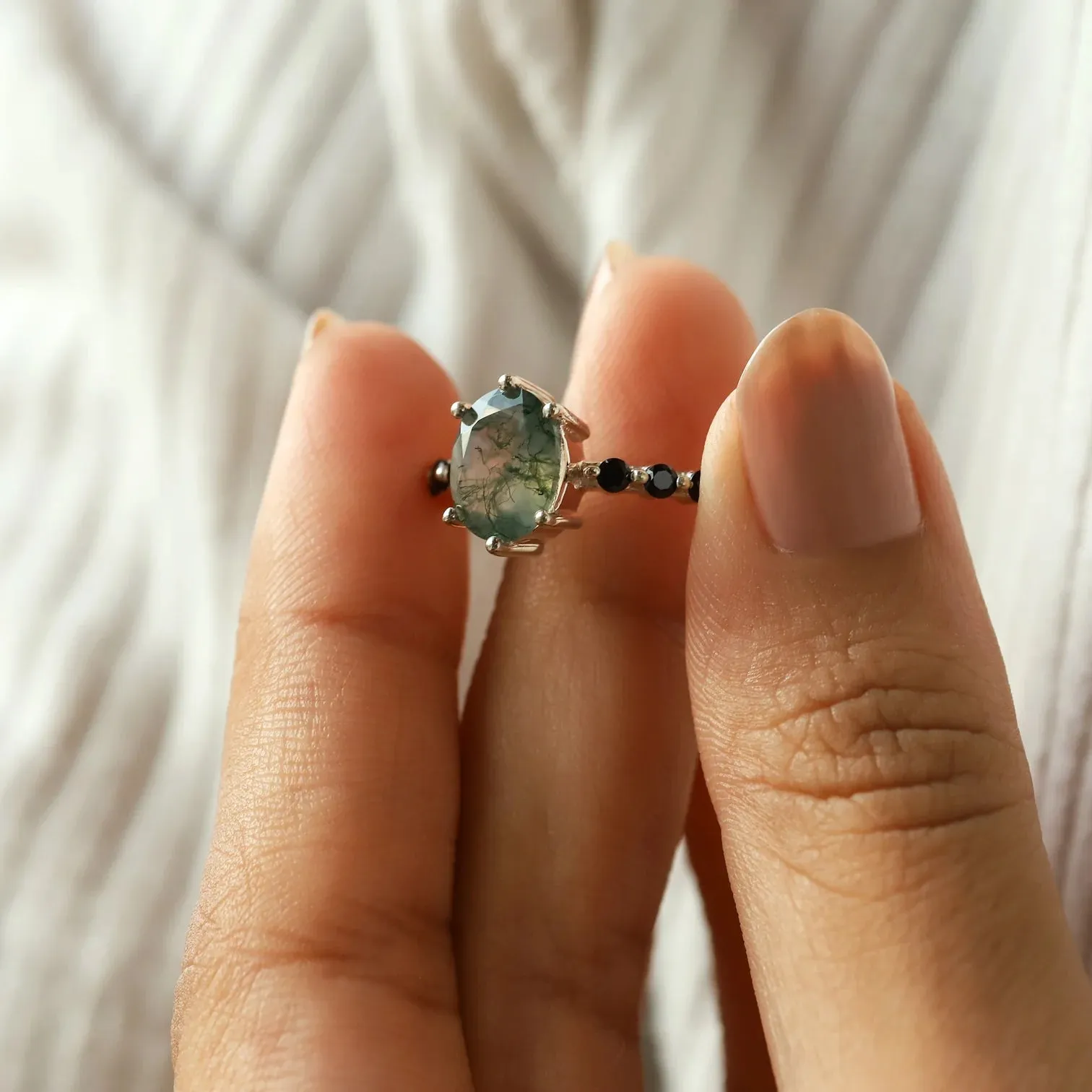 Stella Oval Solitaire Moss Agate Ring with Black Spinel