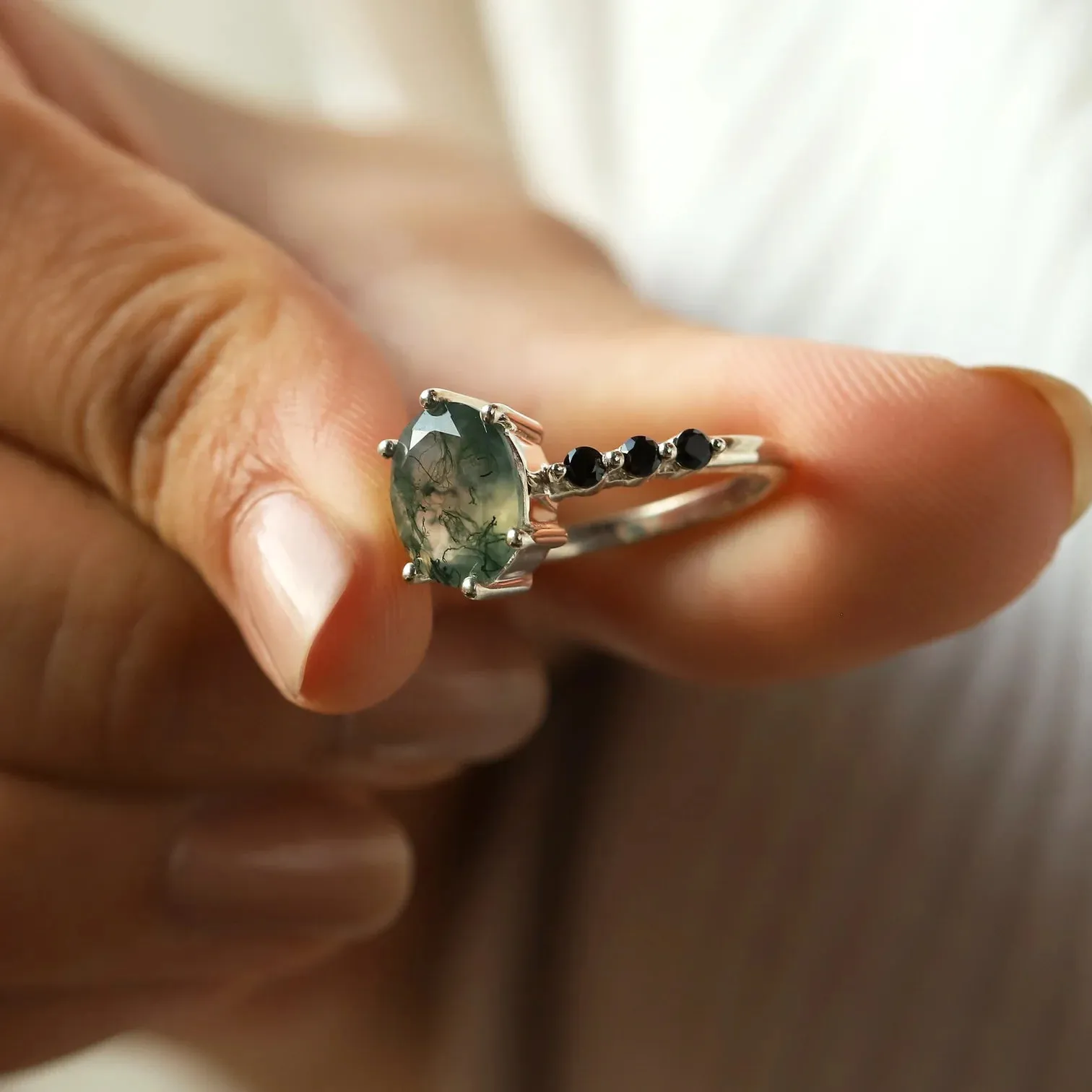 Stella Oval Solitaire Moss Agate Ring with Black Spinel