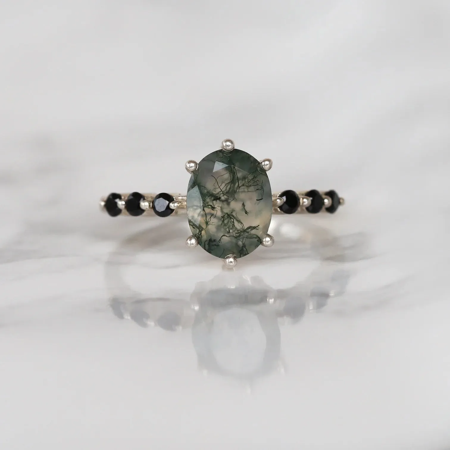 Stella Oval Solitaire Moss Agate Ring with Black Spinel