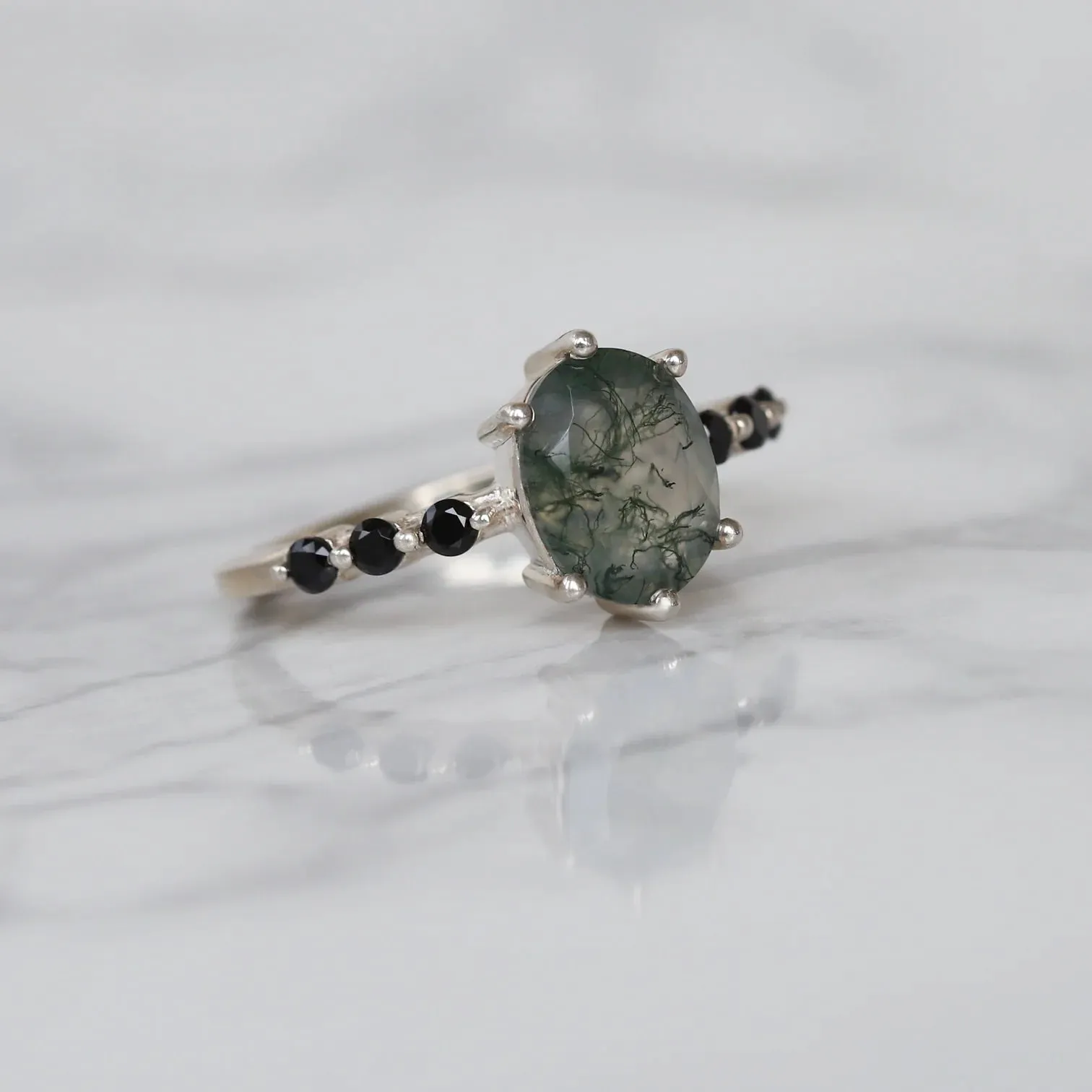 Stella Oval Solitaire Moss Agate Ring with Black Spinel
