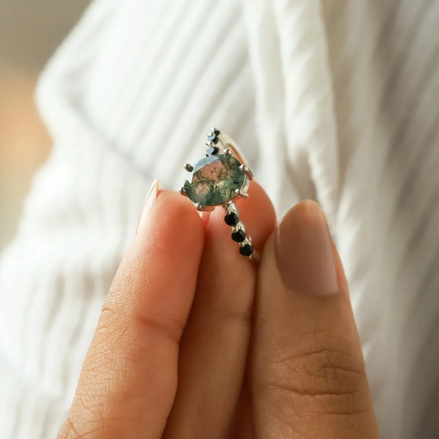 Stella Oval Solitaire Moss Agate Ring with Black Spinel