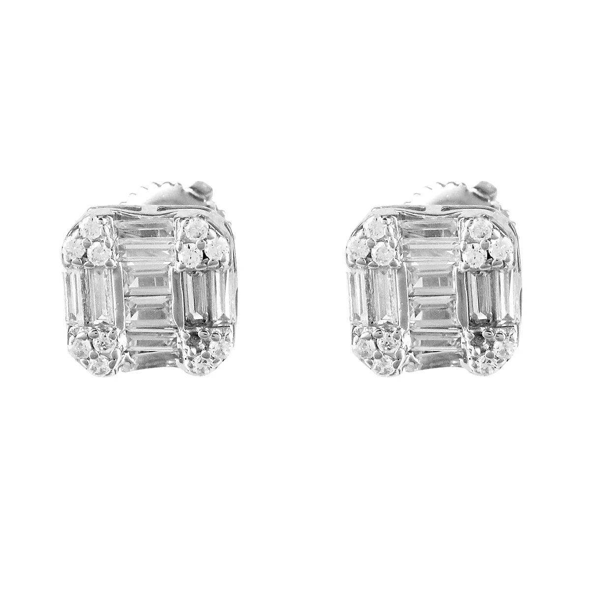 Sterling Silver Baguette Designer Square Stud Screw Back Earrings