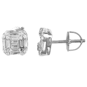 Sterling Silver Baguette Designer Square Stud Screw Back Earrings