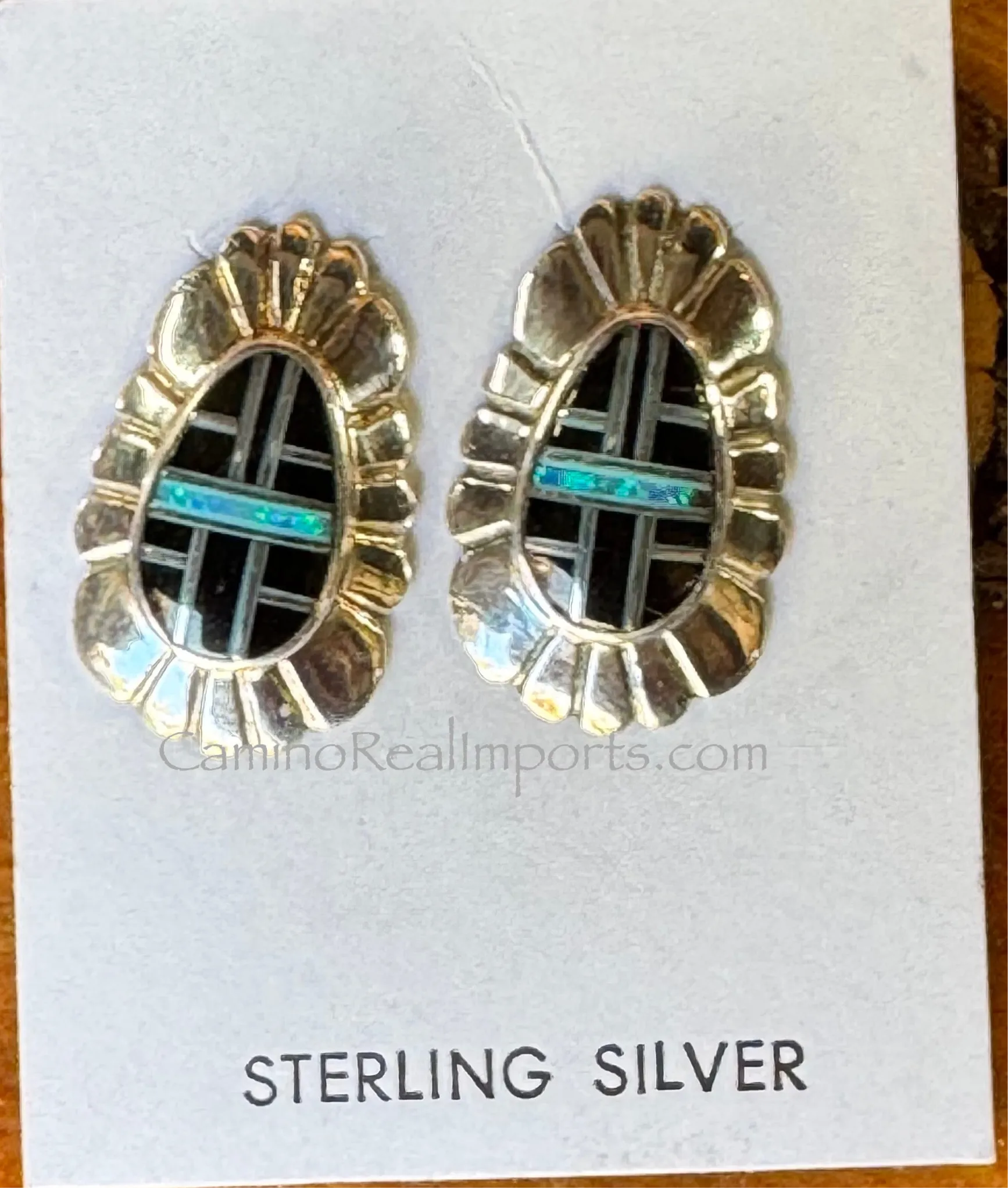 Sterling Silver Black Onyx and Opal Inlay Earrings STER031
