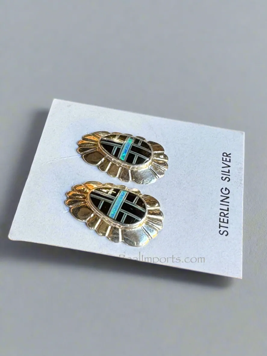 Sterling Silver Black Onyx and Opal Inlay Earrings STER031