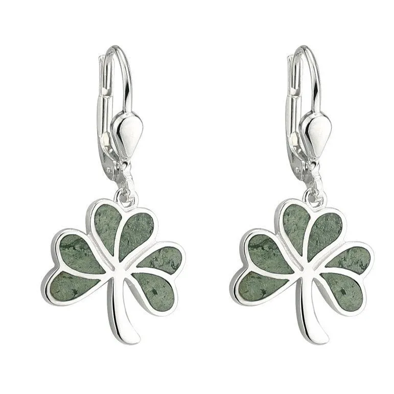 Sterling Silver Connemara Marble Shamrock Drop Earrings - S33593