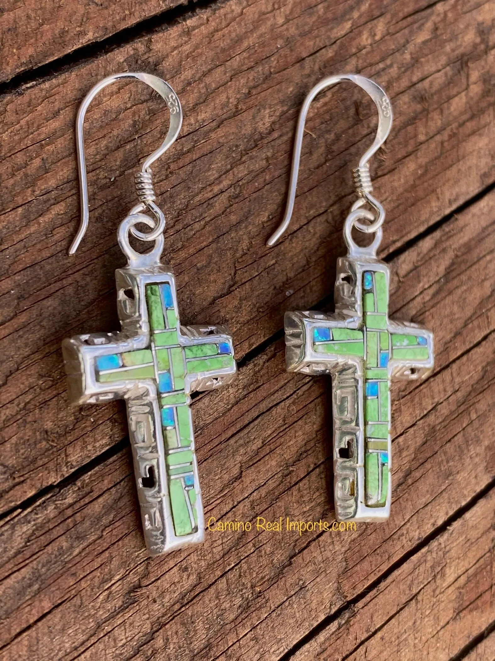 Sterling Silver Gaspeite and Opal Inlay Cross Earrings STER017