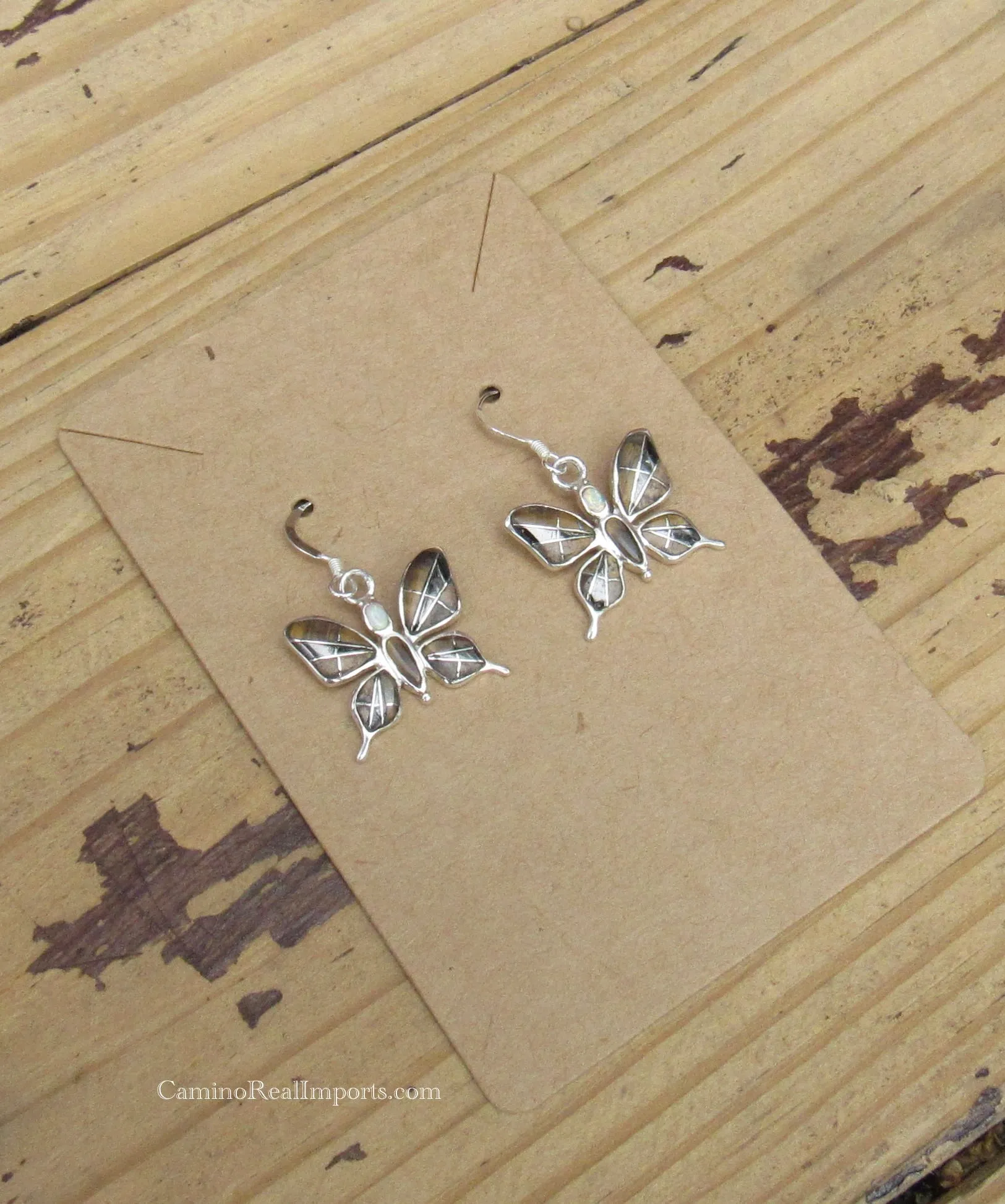 Sterling Silver Onyx and Opal Inlay Butterfly Earrings STER036
