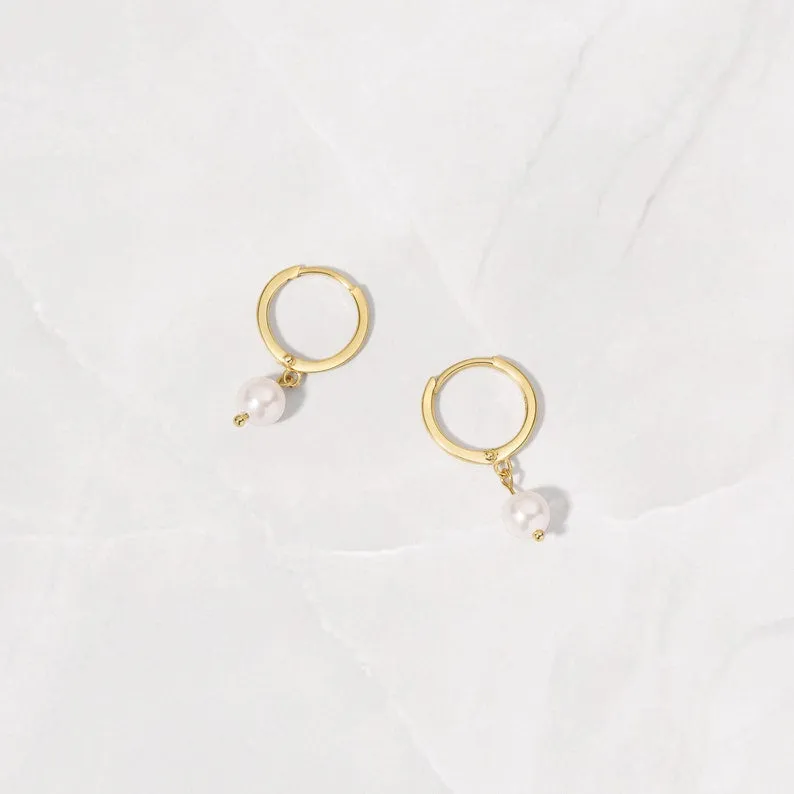 Sterling Silver Pearl hoops 18k Gold Plated Earrings
