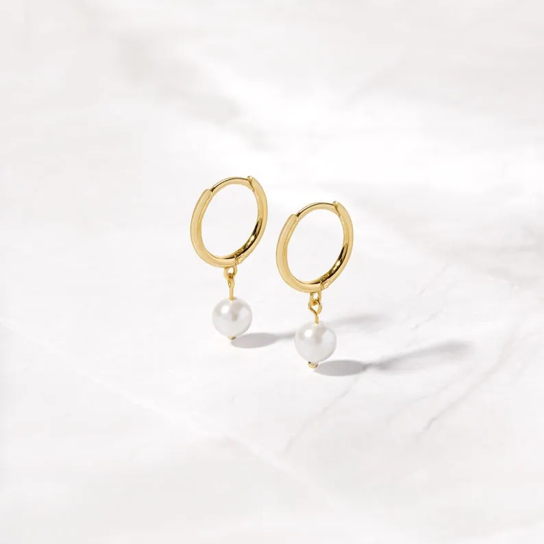 Sterling Silver Pearl hoops 18k Gold Plated Earrings