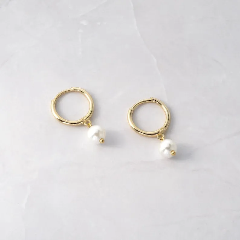 Sterling Silver Pearl hoops 18k Gold Plated Earrings