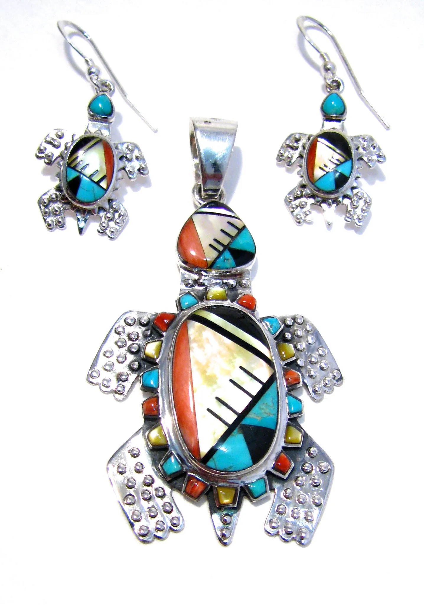 Sterling Silver Turtle Multi Stone Set Pendant and Earrings TSC050