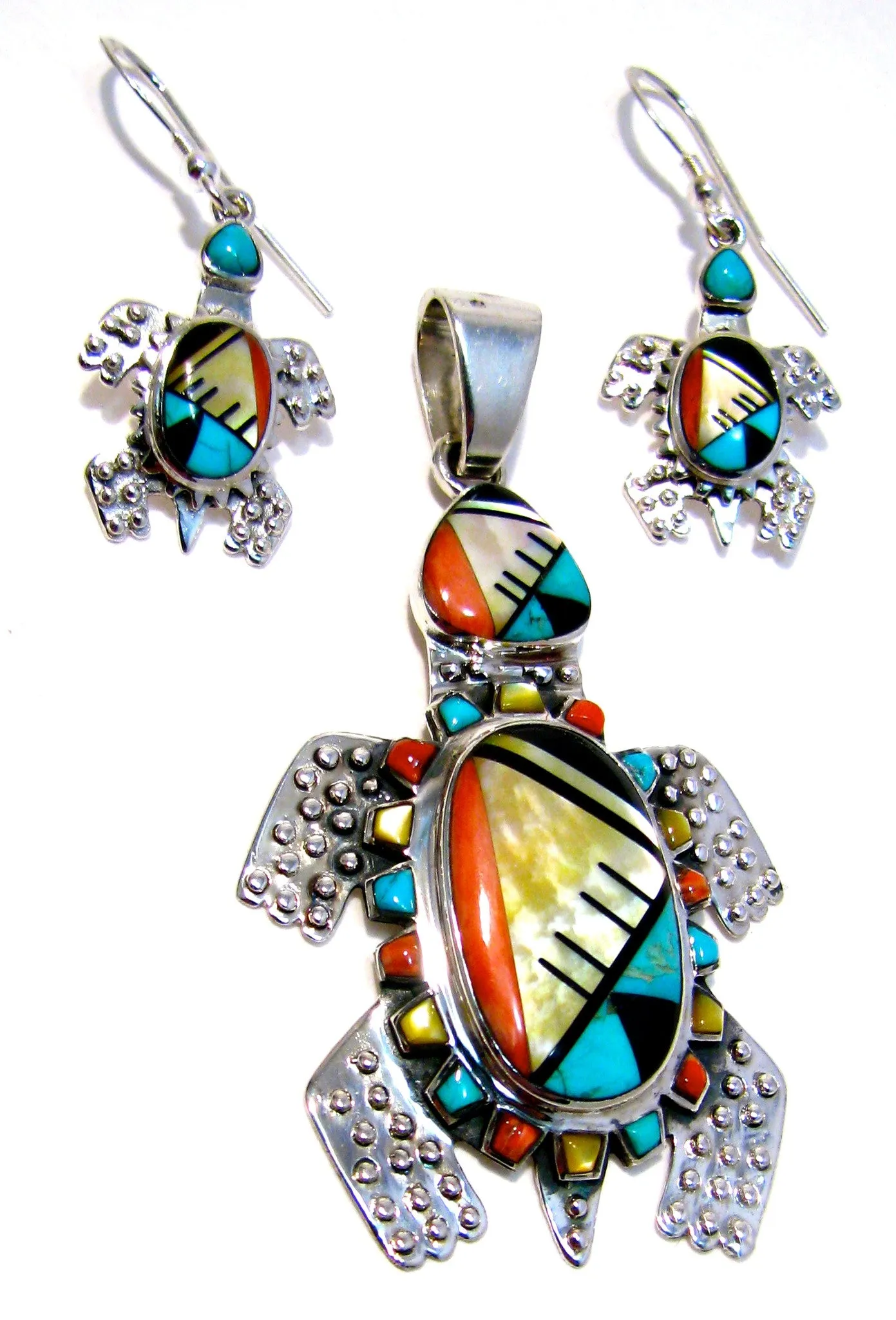 Sterling Silver Turtle Multi Stone Set Pendant and Earrings TSC050