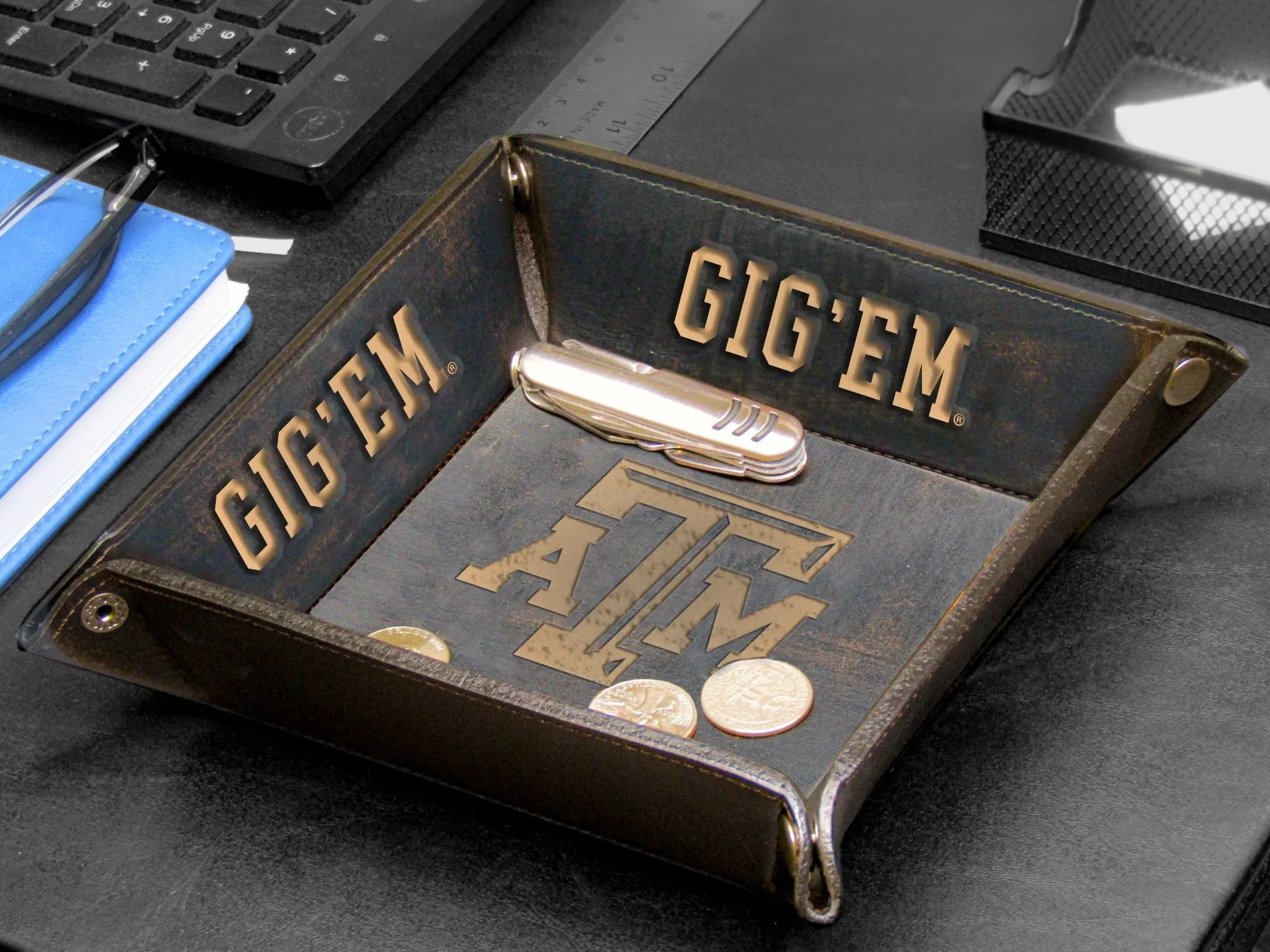 Texas A&M Aggies Men's Collegiate Valet Tray, Catch-all, Desk Organizer, Nightstand Tray. Brown Burnished Full Grain Leather Finish.