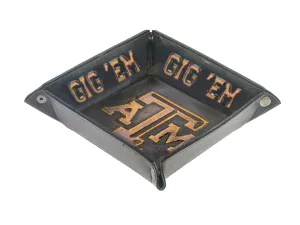 Texas A&M Aggies Men's Collegiate Valet Tray, Catch-all, Desk Organizer, Nightstand Tray. Brown Burnished Full Grain Leather Finish.