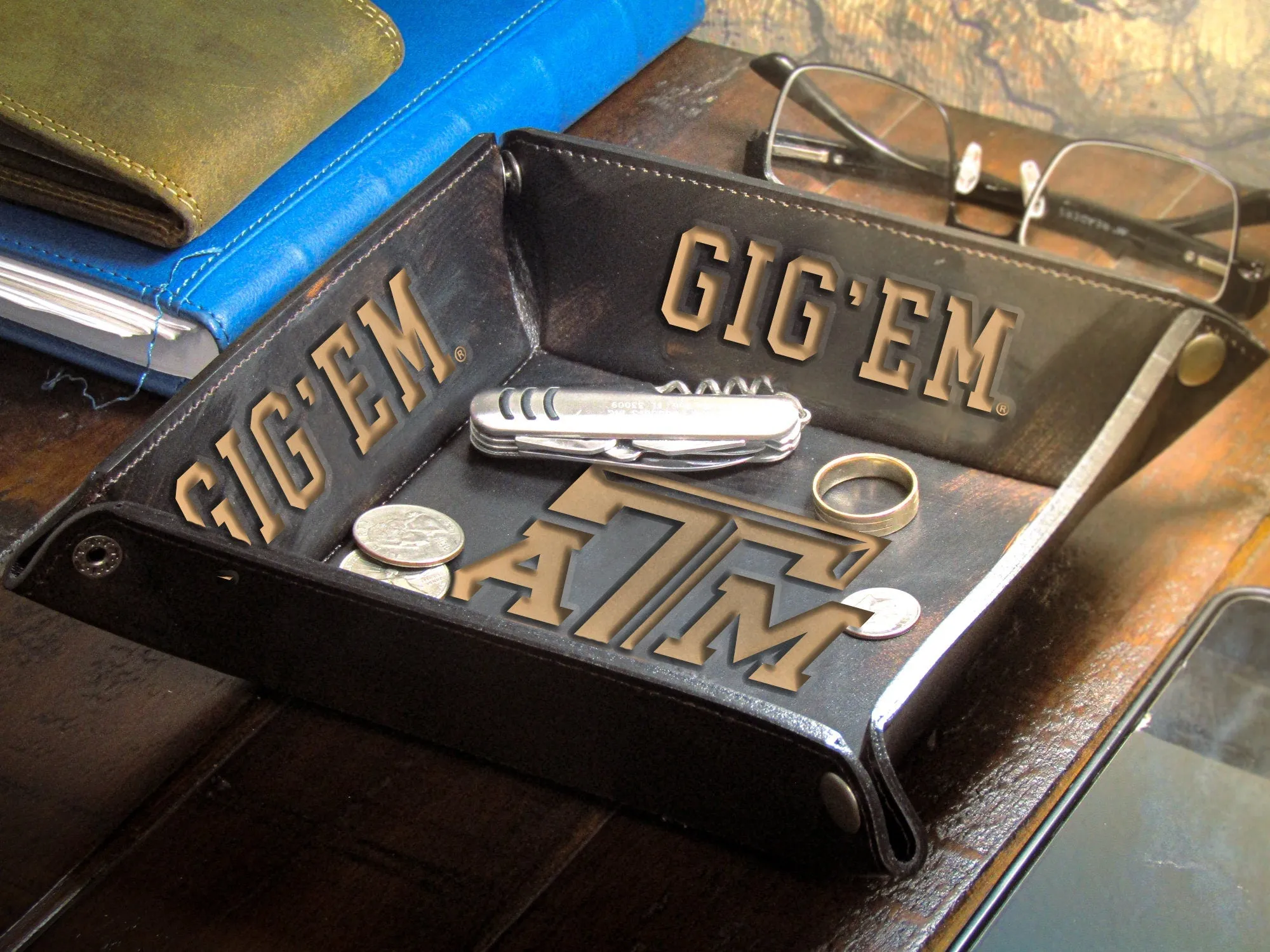 Texas A&M Aggies Men's Collegiate Valet Tray, Catch-all, Desk Organizer, Nightstand Tray. Brown Burnished Full Grain Leather Finish.