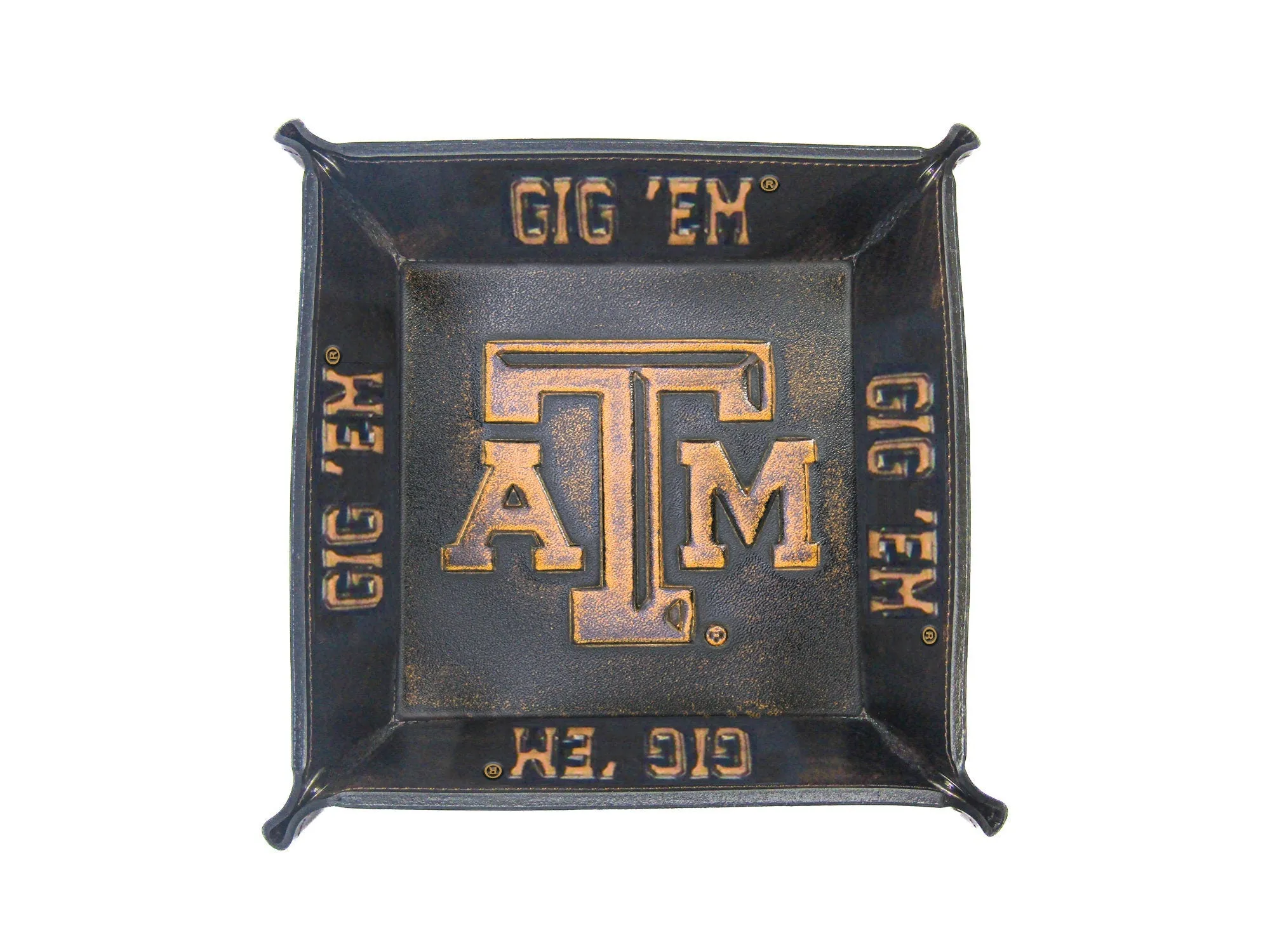 Texas A&M Aggies Men's Collegiate Valet Tray, Catch-all, Desk Organizer, Nightstand Tray. Brown Burnished Full Grain Leather Finish.