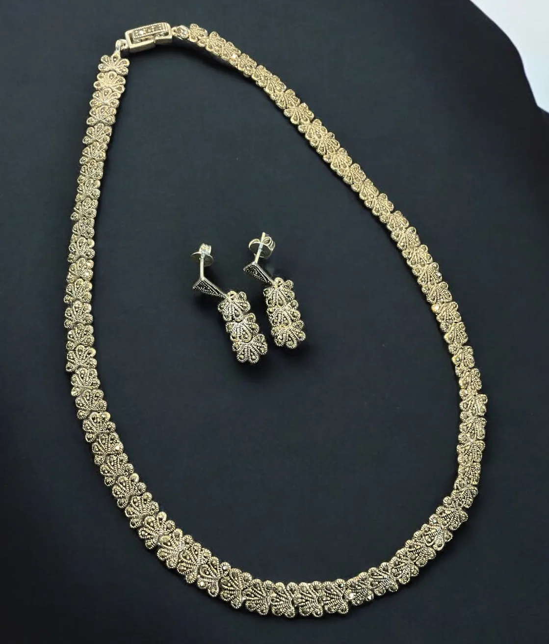 The Luxurious Luster Silver Marcasite Necklace & Earrings