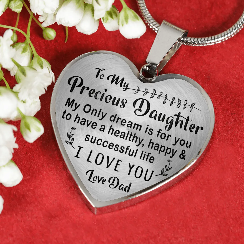 TO MY PRECIOUS DAUGHTER - (BLACK ON TRANSPARENT) SILVER FINISHED NECKLACE